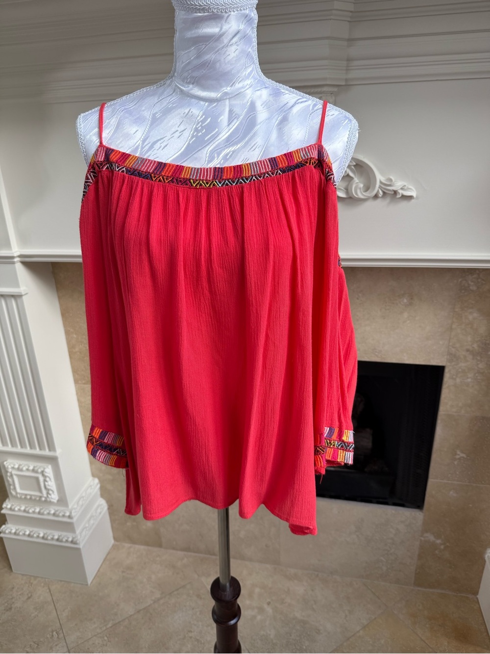 Women’s Red Cold-Shoulder Spaghetti Strap Top with Embroidered Trim